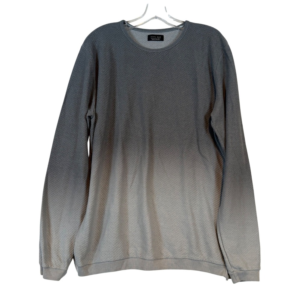 Zara Man Grey Ombre Waffle Knit Crew Neck Sweater Mens XL Gradient Long Sleeve